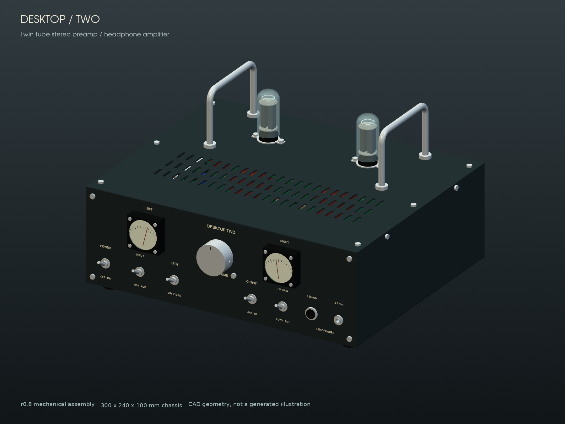 Desktop Two tube preamp CAD render in a product-website design concept