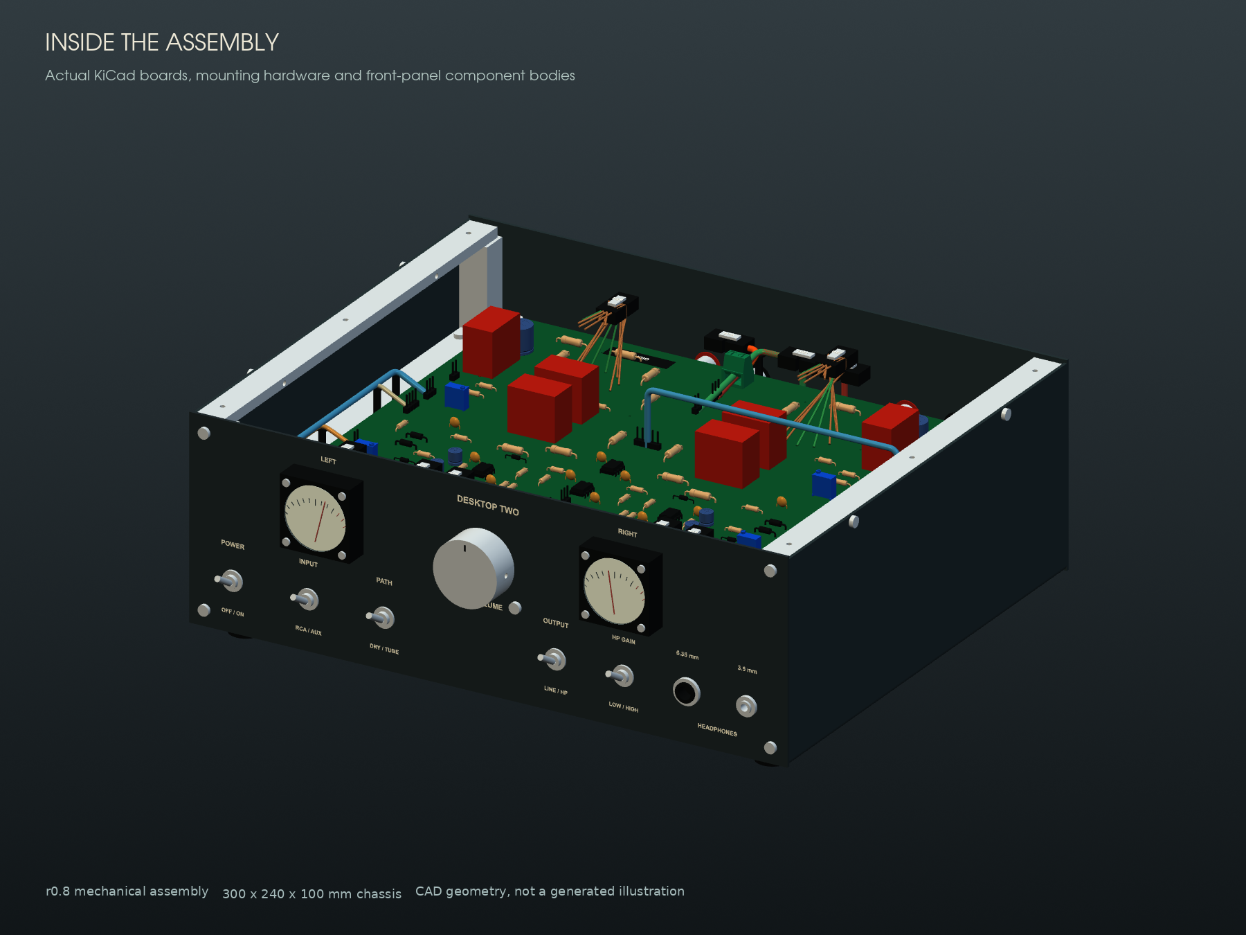 Desktop Two preamp CAD render with the chassis open
